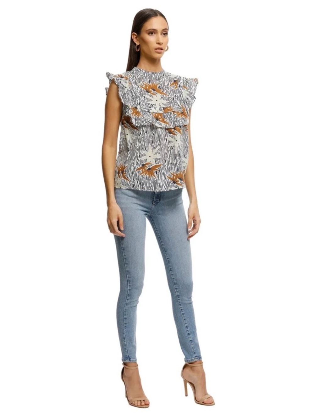 STEVIE MAY Wayfaring Bamboo Floral Print Linen Cotton Ruffled Top XS